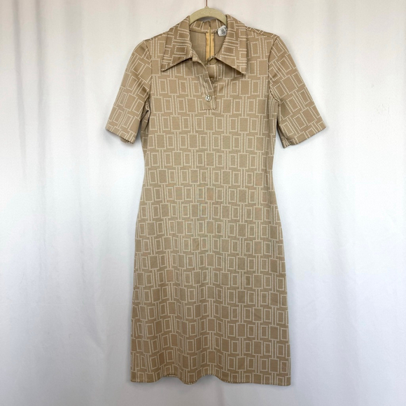 Rare Vintage Dress Knee length Mid Century Modern Pattern Beige Mod 60s M - Picture 5 of 15